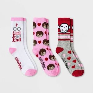 Women's Harry Potter Valentine's Day 3pk Crew Socks White/Gray/Pink 4-10 NEW